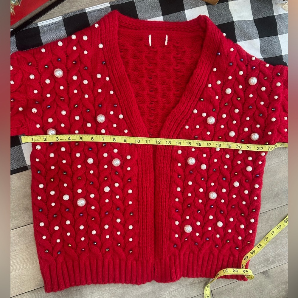 New BiBi Luxury Pearl & Rhinestone Chunky Knit Holiday Cardigan Grannycore Small - Picture 15 of 16
